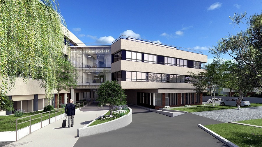 À l'hôpital La Porte-Verte, les travaux d'extension sont l'occasion non seulement de bâtir une extension mais aussi de moderniser le plateau ambulatoire et de rééducation ainsi que de repenser les espaces de travail et de circulation. (UNHI/Univi)